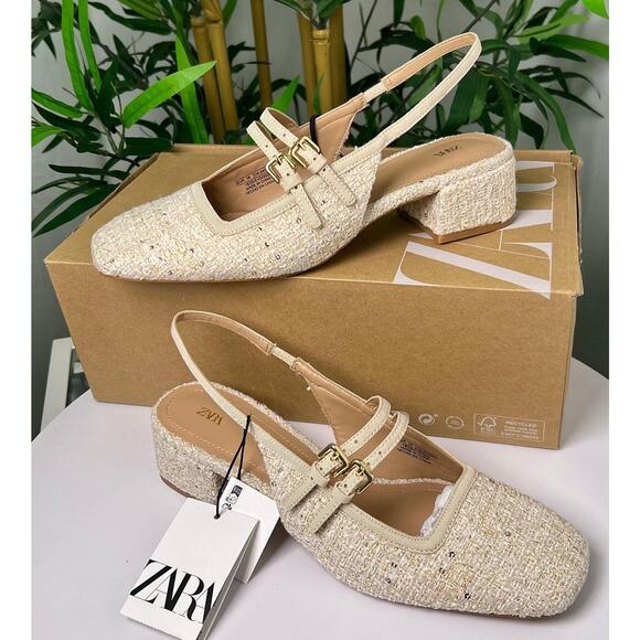 ZARA Tweed Double-Strap Slingback Heels 🤍✨ | Size 7.5 | NWT | RARE - Picture 4 of 9